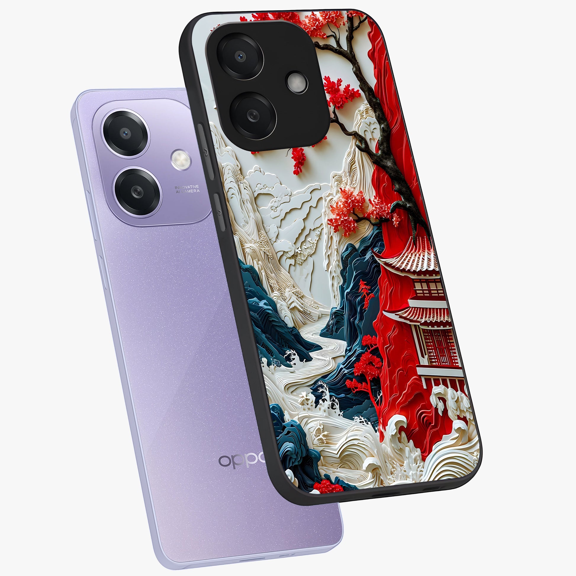 Whispers Of Sakura Waves Glass Case displayed in angled mockup highlighting flowing sakura design with soft floral aesthetic.