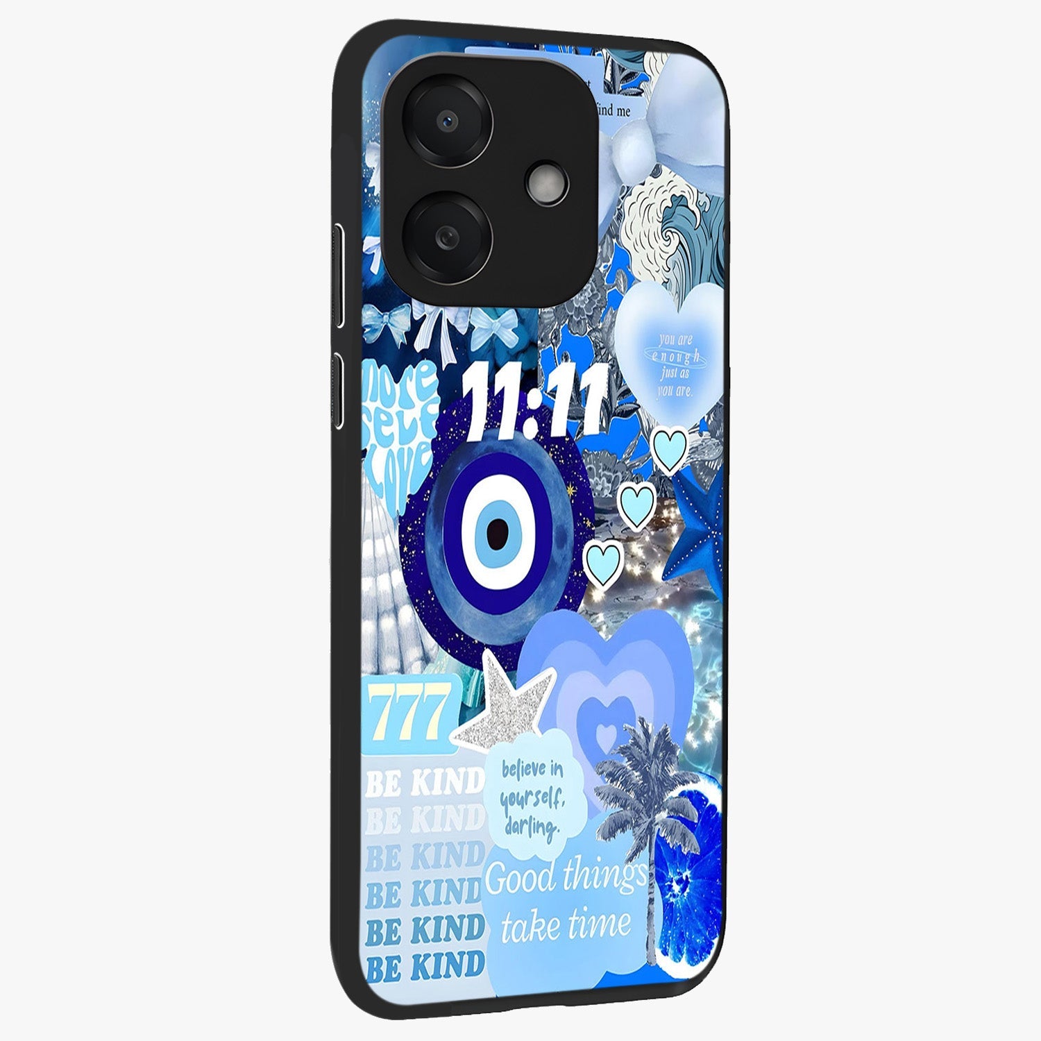 Aesthetic Be Kind Eye Glass Case upright view showcasing stylish eye illustration with positive message theme.
