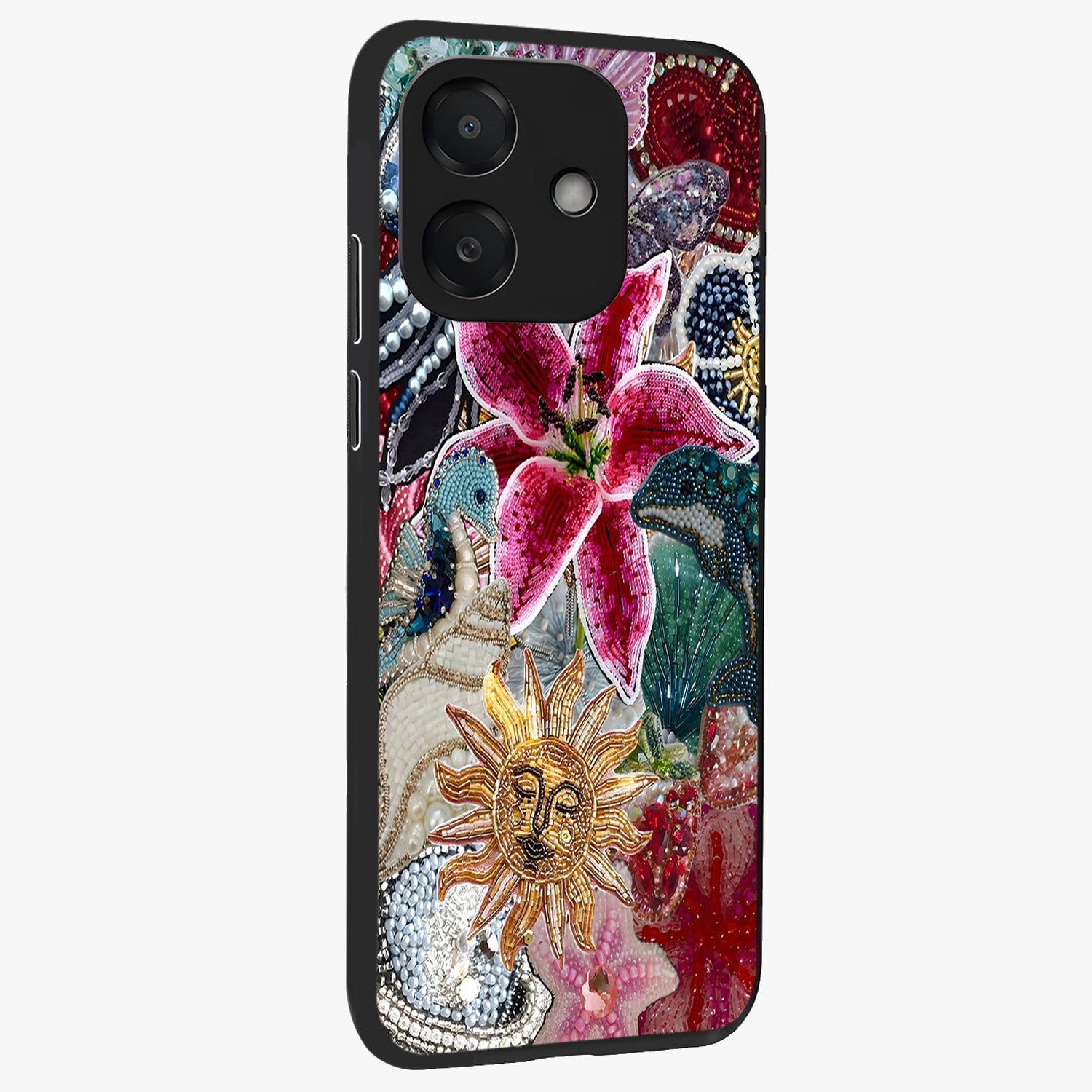 Beaded Garden Fantasy Glass Case upright view showcasing whimsical garden aesthetic with artistic bead details.