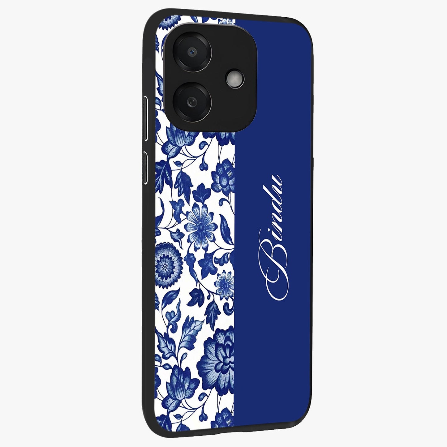 Blue Vintage Floral Pattern Glass Case upright view showcasing delicate blush floral texture with modern minimal style.