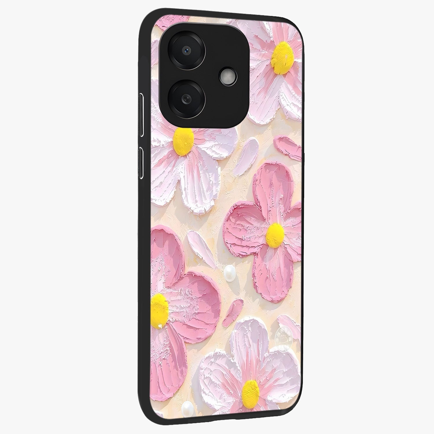 Blush Bloom Texture Glass Case upright view showcasing delicate blush floral texture with modern minimal style.