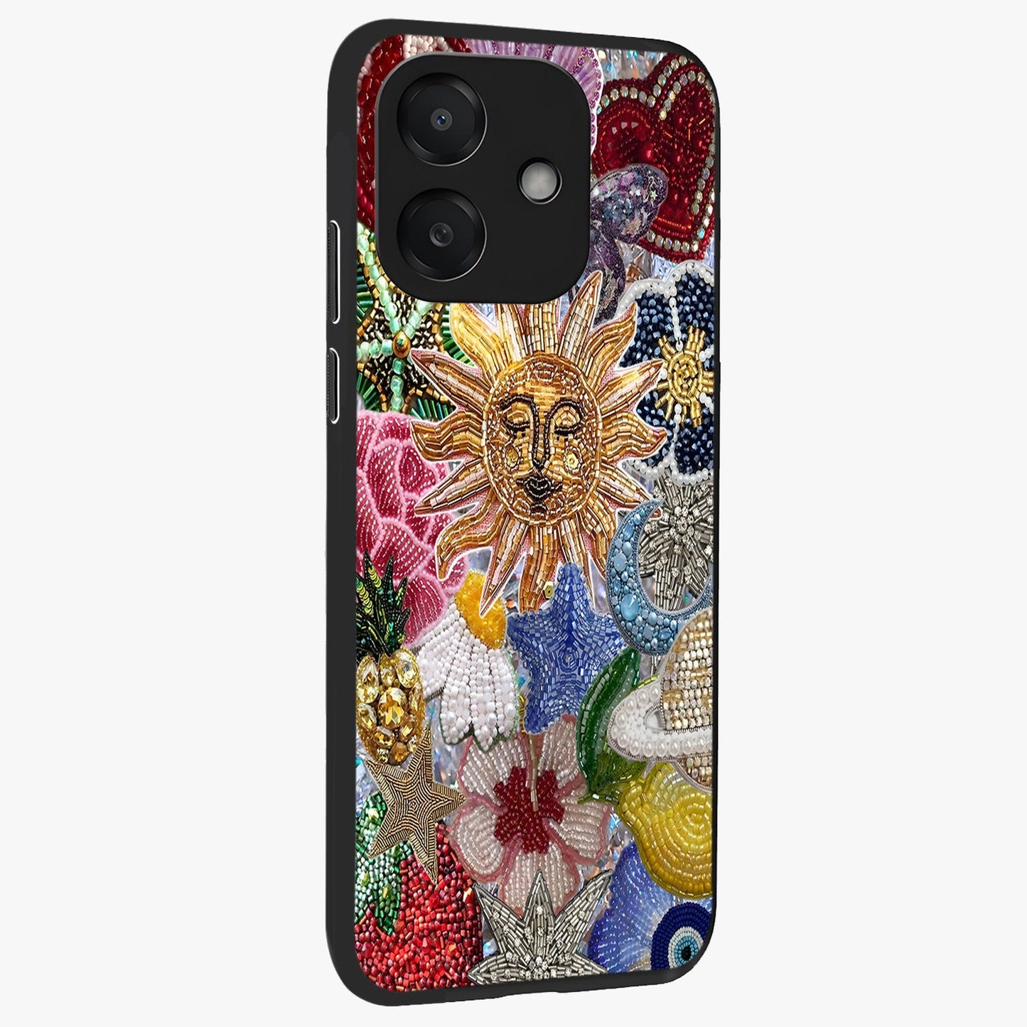 Celestial Floral and Playful Glass Case upright view showcasing whimsical floral artwork with cosmic aesthetic theme.