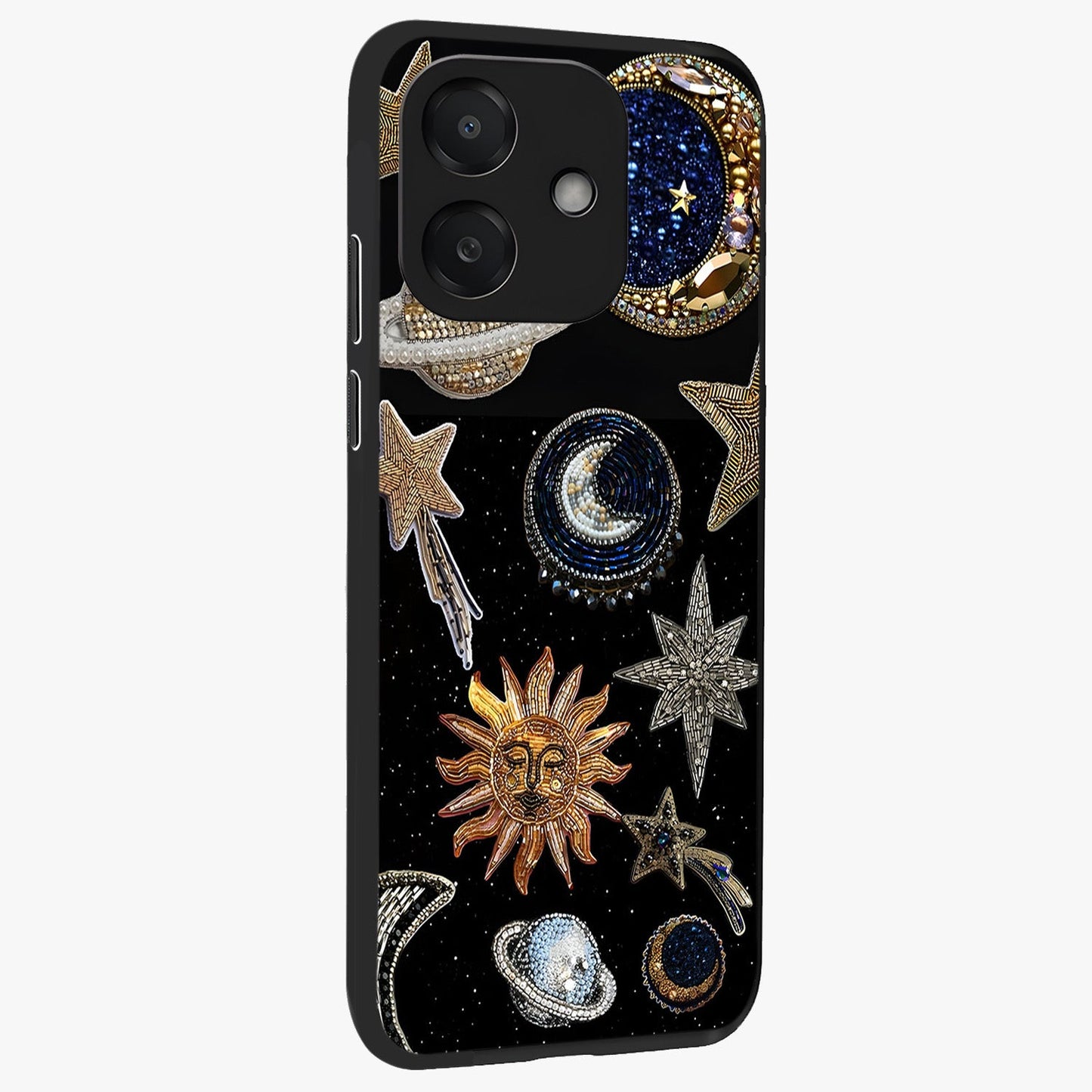 Celestial Gem Constellations Glass Case upright view showcasing cosmic constellation artwork with celestial aesthetic style.