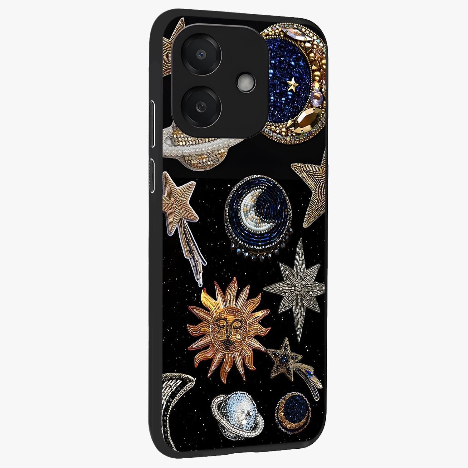 Celestial Gem Constellations Glass Case upright view showcasing cosmic constellation artwork with celestial aesthetic style.
