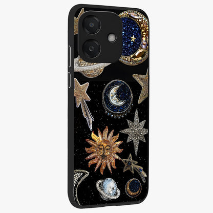 Celestial Gem Constellations Glass Case upright view showcasing cosmic constellation artwork with celestial aesthetic style.
