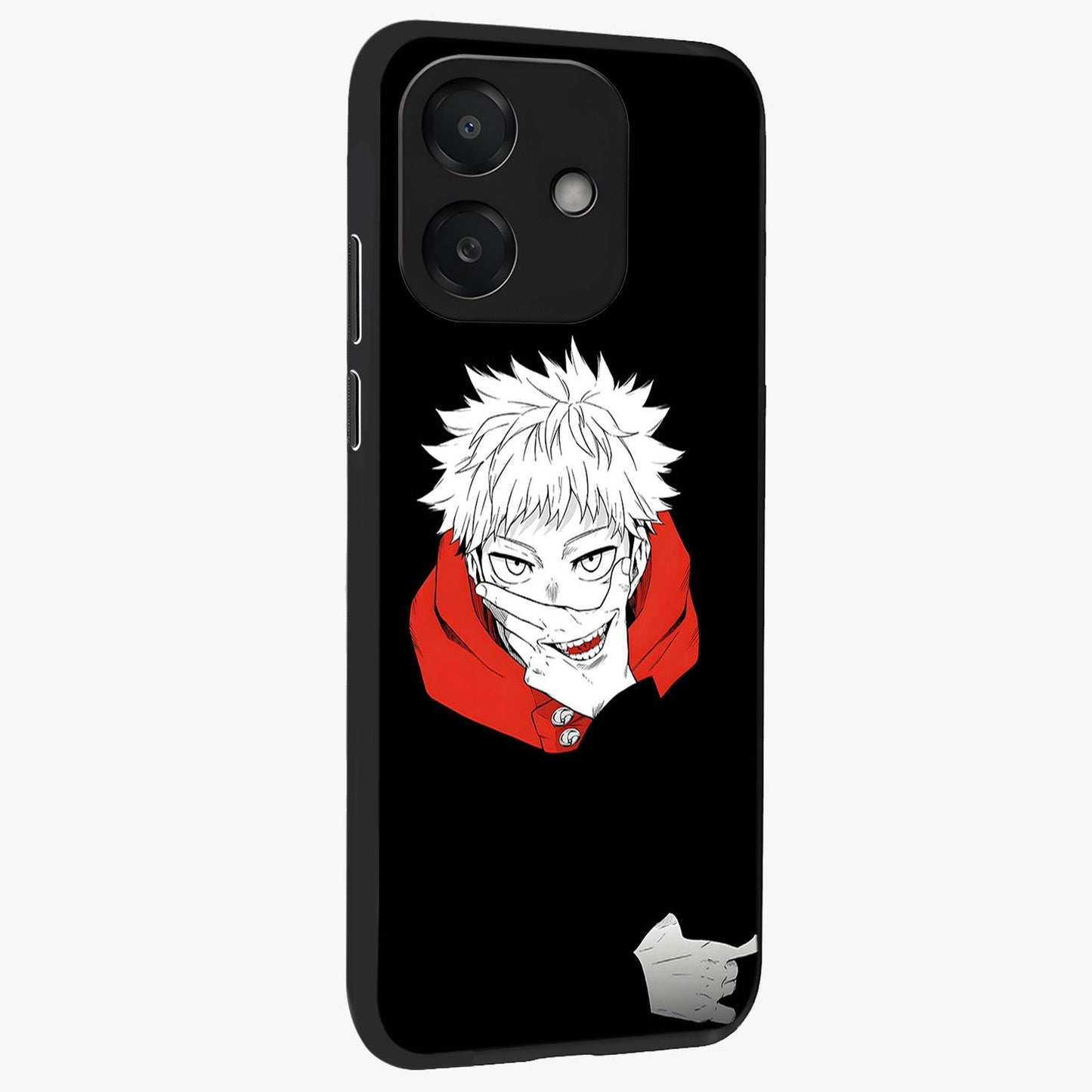 Crimson Chaos Smile Glass Case upright view showcasing expressive chaotic artwork with striking visual theme.