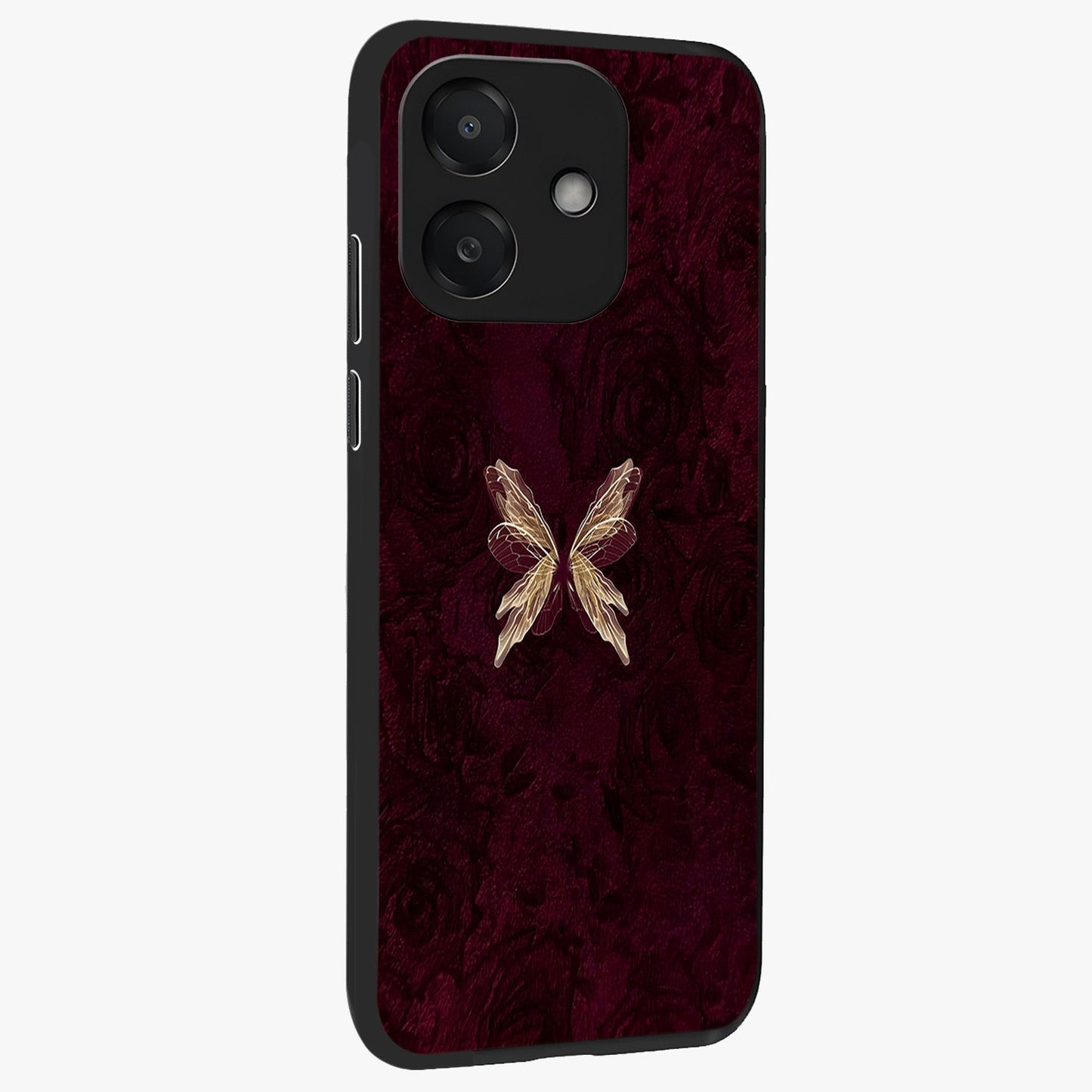 Crimson Fade Butterfly Glass Case upright view showcasing graceful butterfly artwork with soft crimson fade effect.