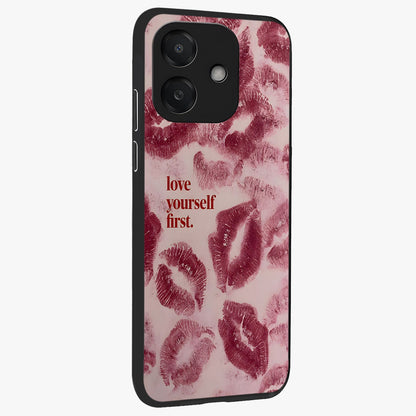 Crimson Kiss Love Glass Case upright view showcasing expressive romantic artwork with deep crimson theme.