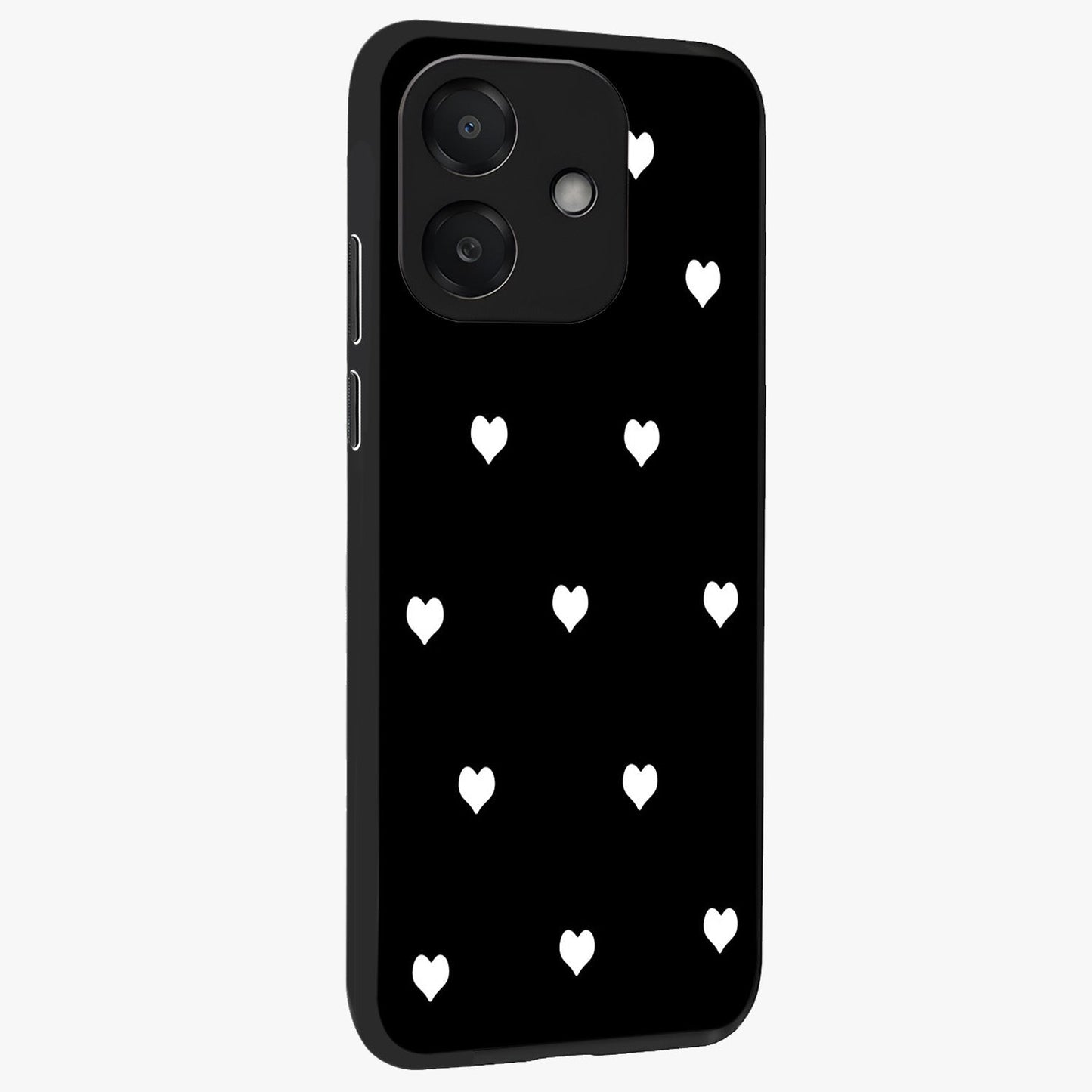 Cute And Simple White Hearts Glass Case upright view showcasing simple white hearts artwork with soft minimal theme.