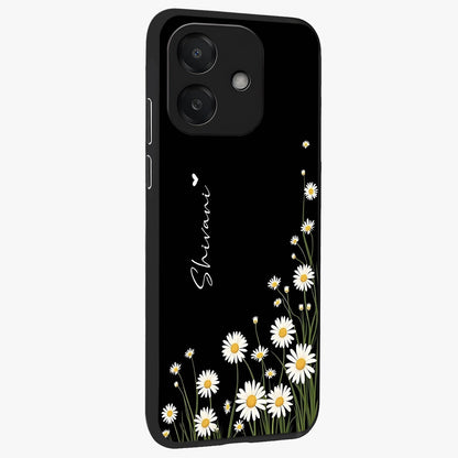 Daisy Cascade Custom Name Glass Case upright view showcasing elegant floral cascade design with personalized aesthetic.