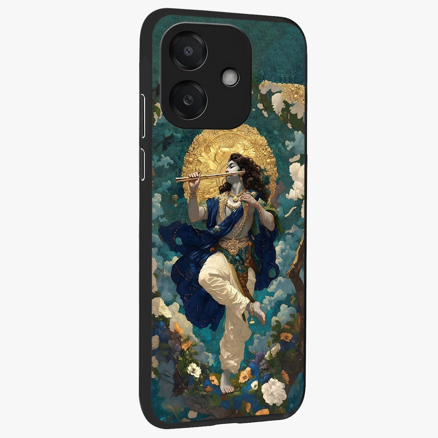 Divine Krishna Art Glass Case upright view showcasing divine Krishna artwork with sacred artistic theme.