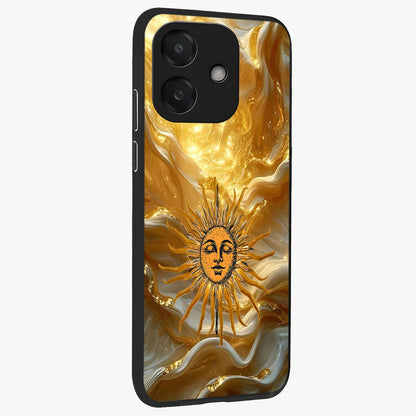 Eternal Golden Glow Glass Case upright view showcasing luminous golden artwork with luxurious visual theme.
