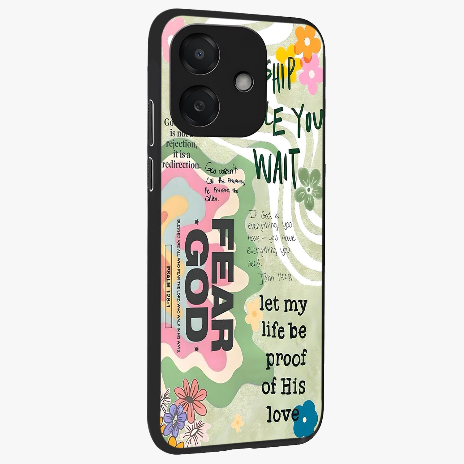 Faith Over Fear Glass Case upright view showcasing bold typography artwork with uplifting motivational theme.