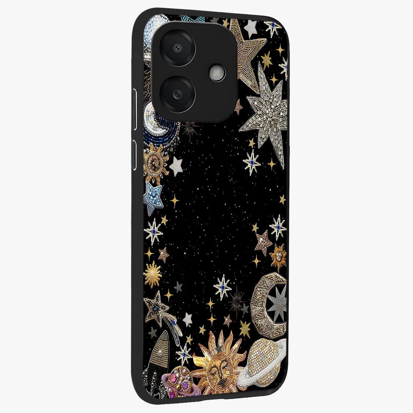 Galactic Jewel Stars Glass Case upright view showcasing glittering star jewel artwork with vibrant galaxy theme.