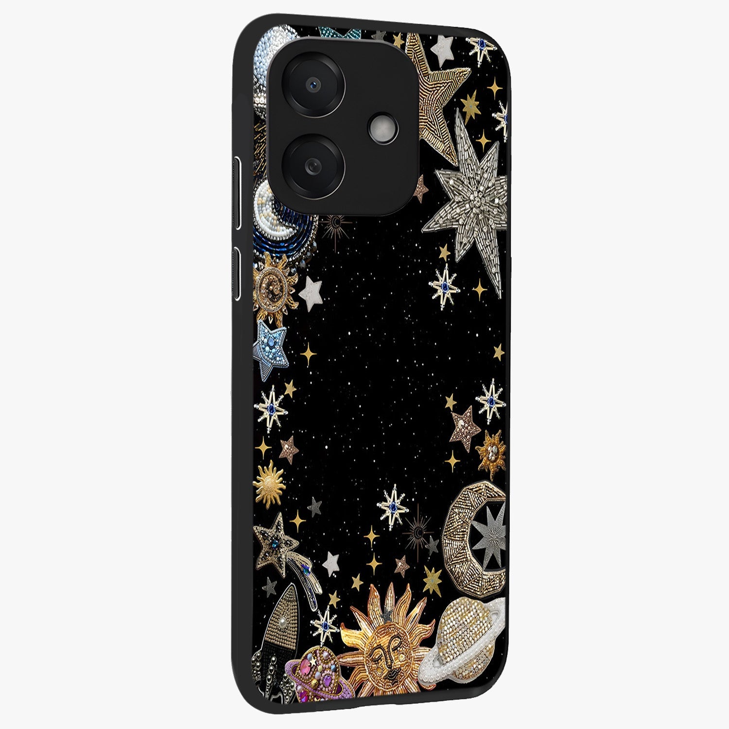 Galactic Jewel Stars Glass Case upright view showcasing glittering star jewel artwork with vibrant galaxy theme.