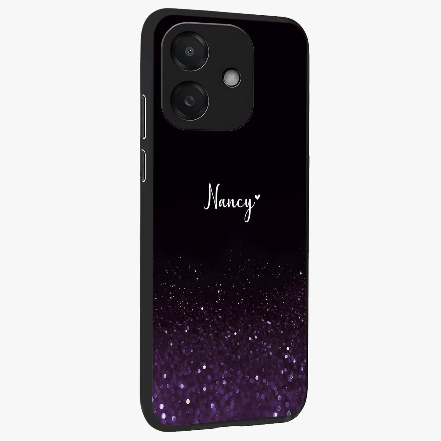 Glittery Purple Bokeh Custom Name Glass Case upright view showcasing vibrant purple sparkle artwork with personalized aesthetic style.