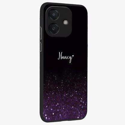 Glittery Purple Bokeh Custom Name Glass Case upright view showcasing vibrant purple sparkle artwork with personalized aesthetic style.