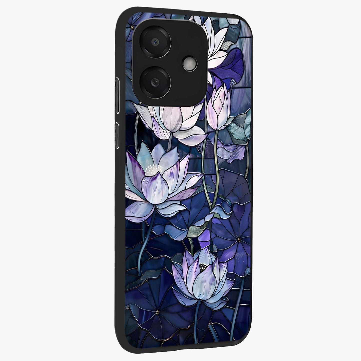 Gloss Petal Rush Glass Case upright view showcasing dynamic floral petal artwork with modern botanical theme.