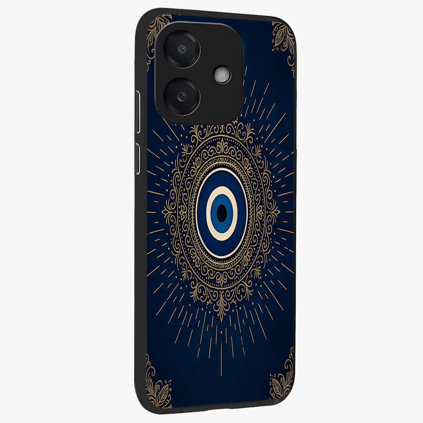 Golden Celestial Charm Glass Case upright view showcasing radiant celestial artwork with elegant golden theme.