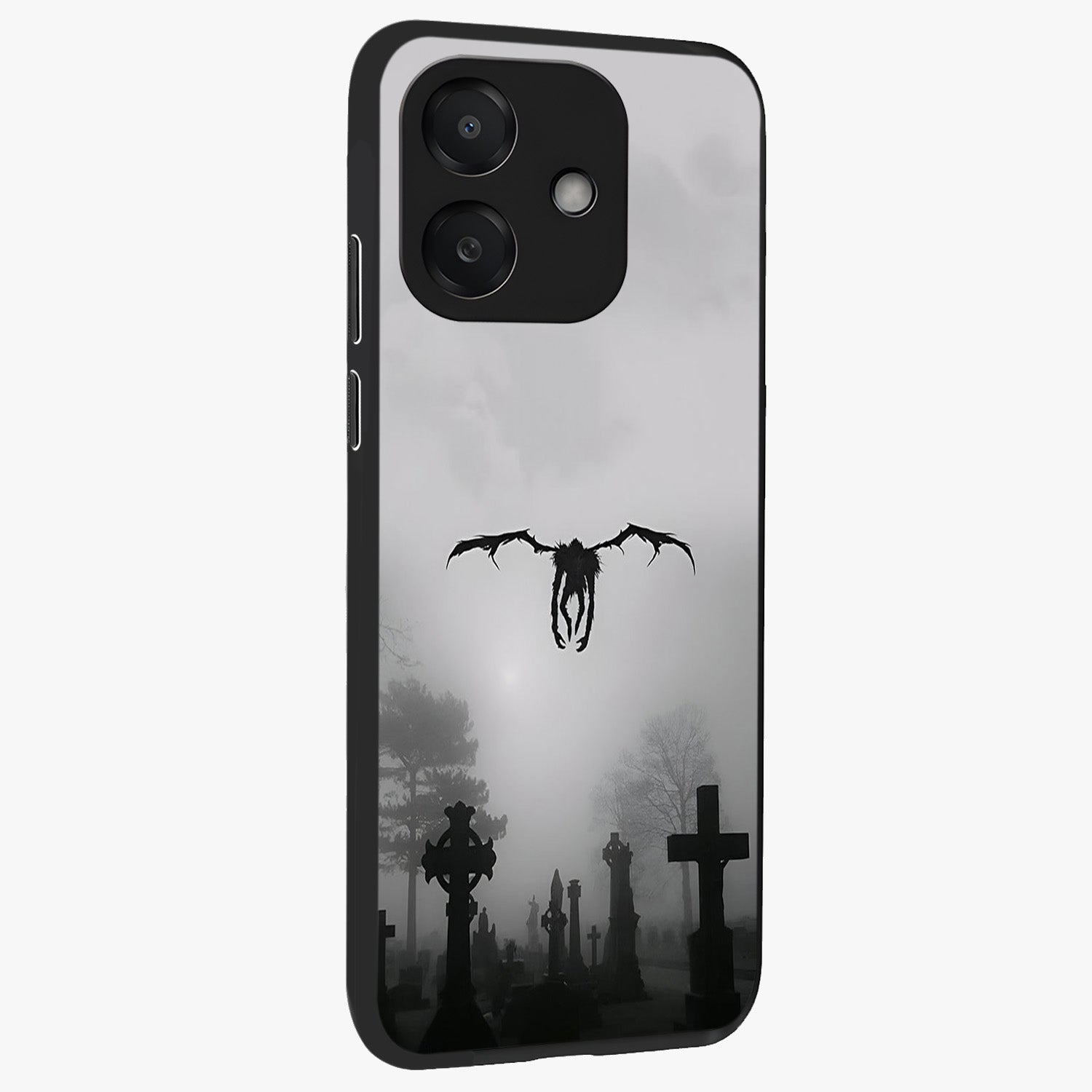 Graveyard Shadow Descent Glass Case upright view showcasing haunting graveyard artwork with dramatic dark theme.