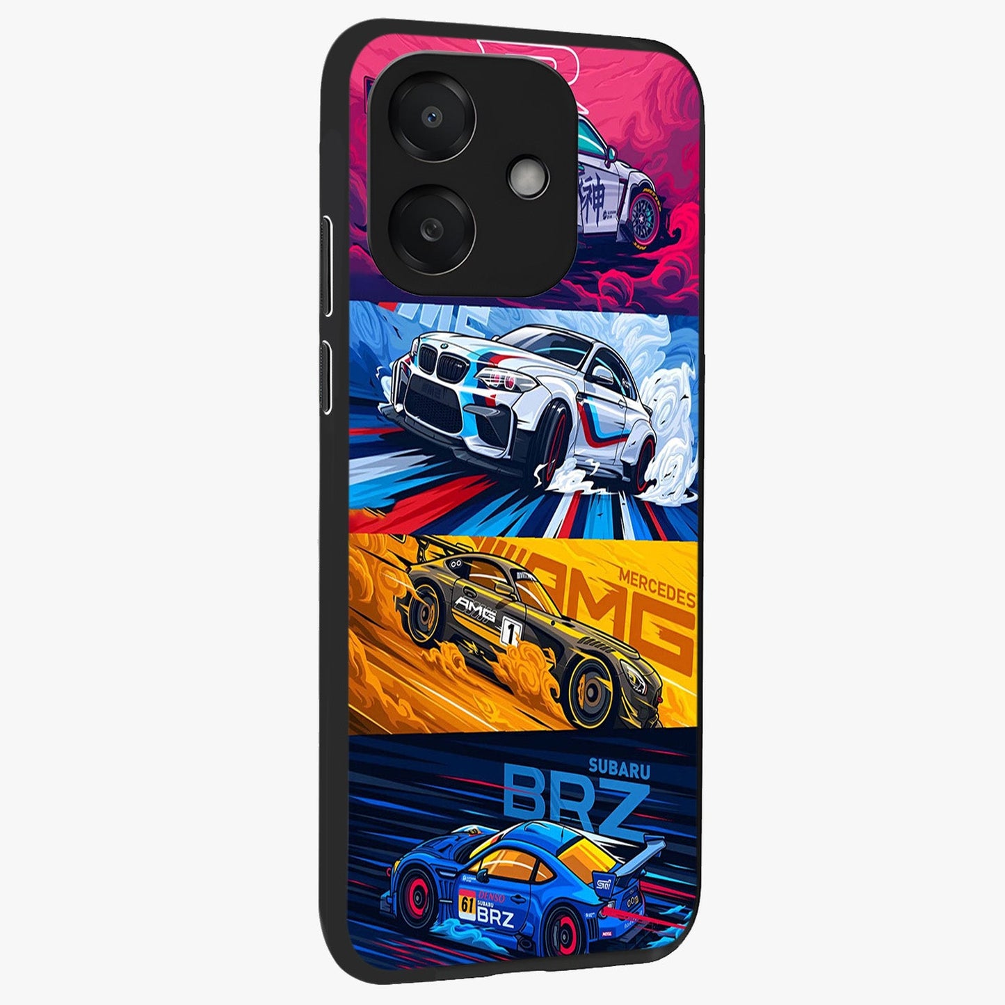 JDM Sports Car Glass Case upright view showcasing dynamic sports car artwork with bold racing theme.