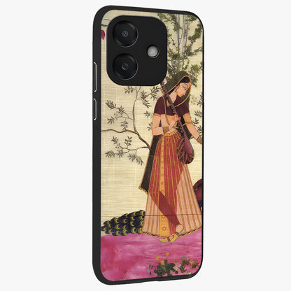 Lady With Veena Art Glass Case upright view showcasing classical veena artwork with traditional artistic theme.