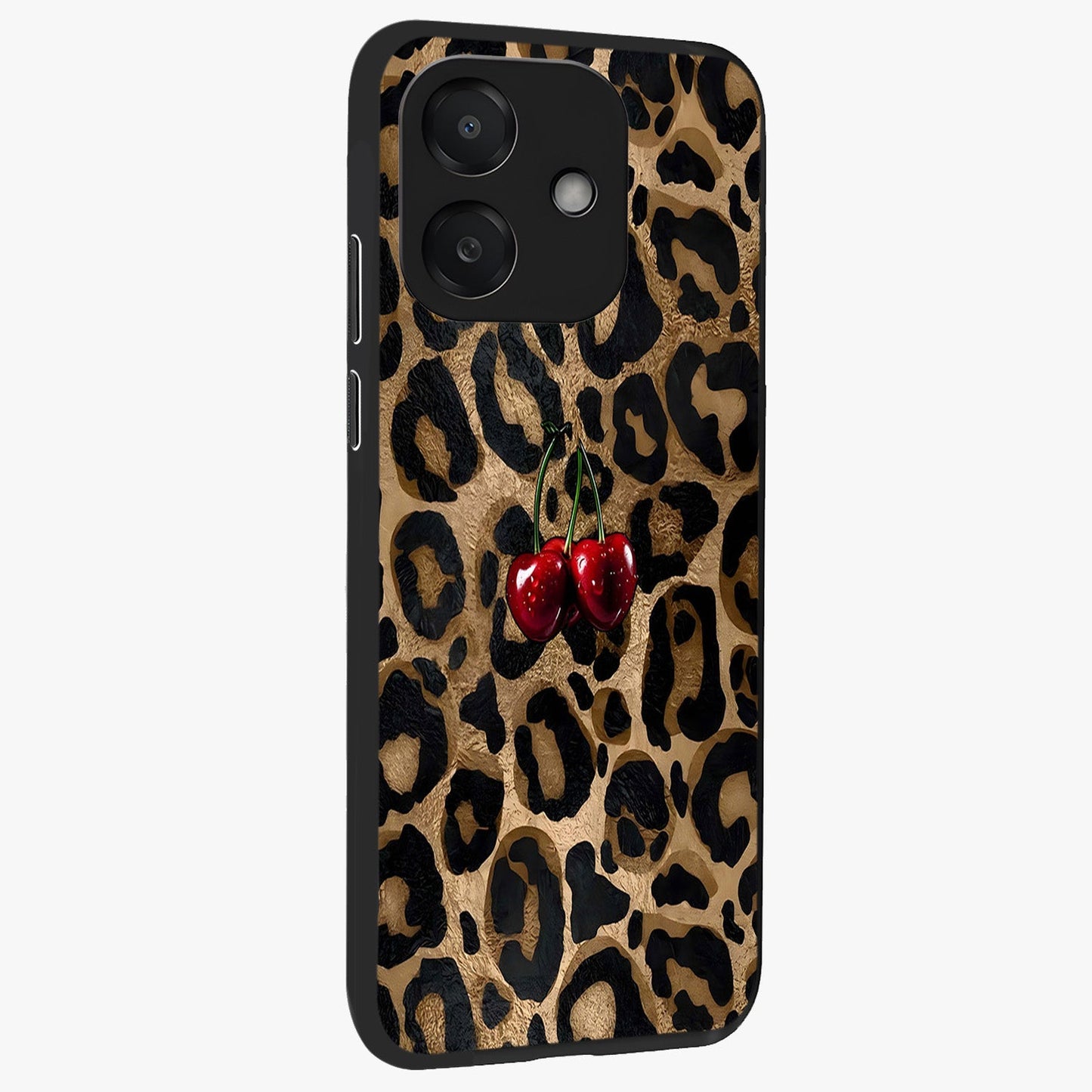 Leopard Wild Cherry Glass Case upright view showcasing stylish leopard pattern artwork with trendy fashion theme.