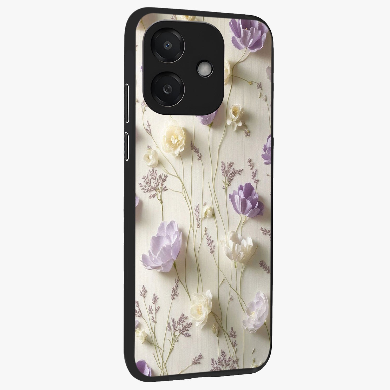 Lilac Breeze Harmony Glass Case upright view showcasing delicate lilac artwork with peaceful floral theme.