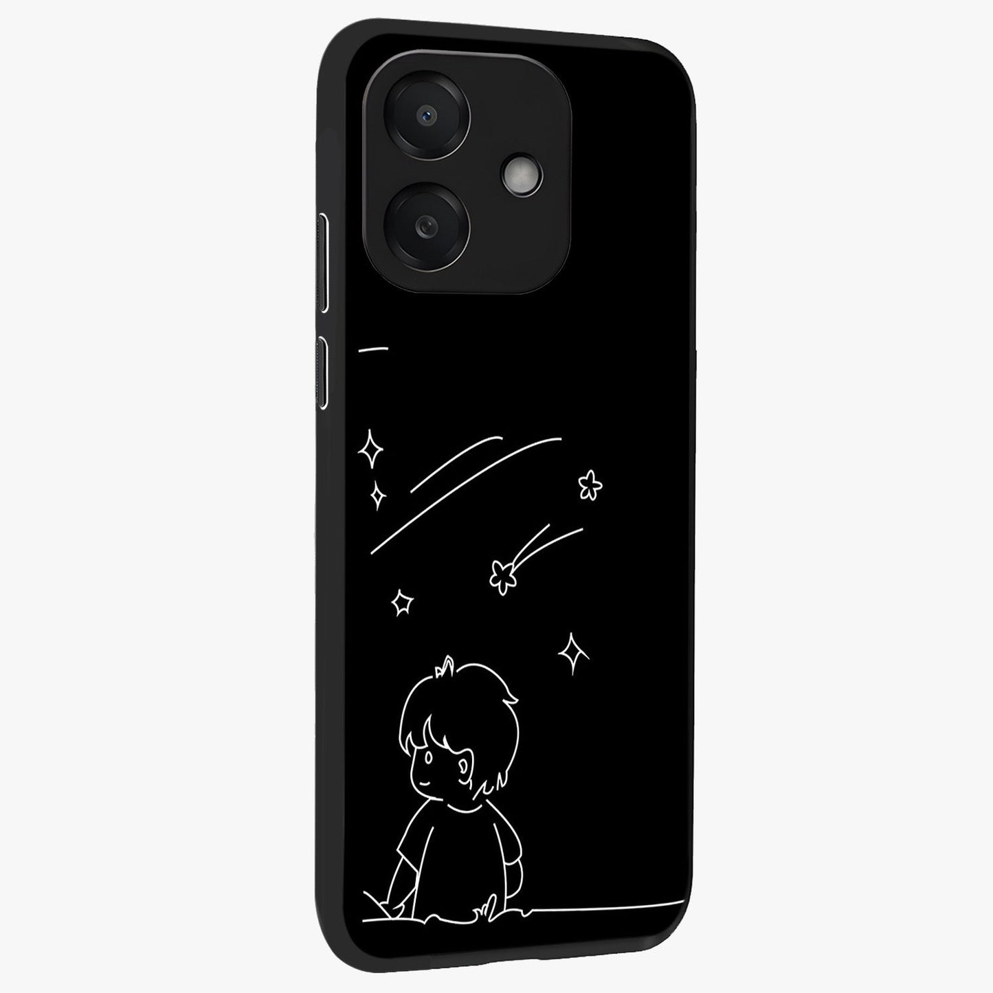 Line Art Boy With Shooting Stars Glass Case upright view showcasing artistic shooting star illustration with minimal style.