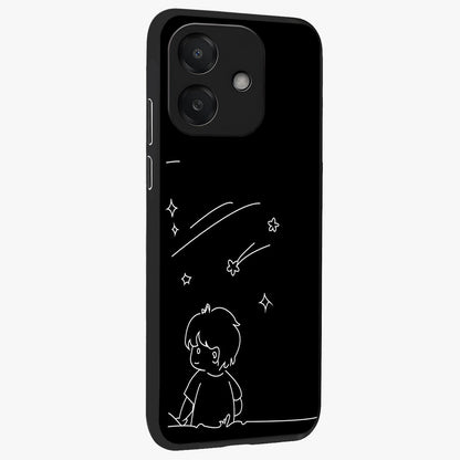 Line Art Boy With Shooting Stars Glass Case upright view showcasing artistic shooting star illustration with minimal style.