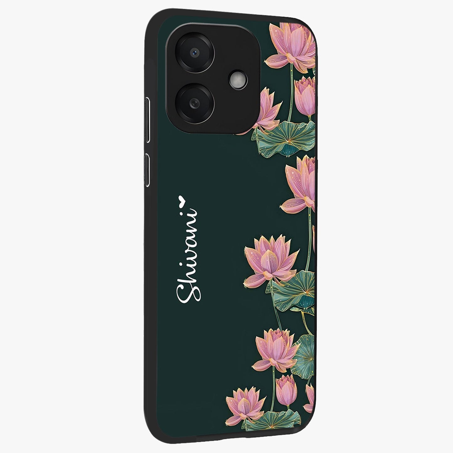 Lotus Bloom Serenity Custom Name Glass Case upright view showcasing serene lotus bloom artwork with personalized floral aesthetic.