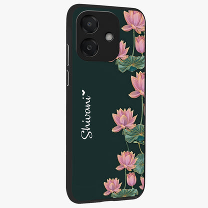 Lotus Bloom Serenity Custom Name Glass Case upright view showcasing serene lotus bloom artwork with personalized floral aesthetic.