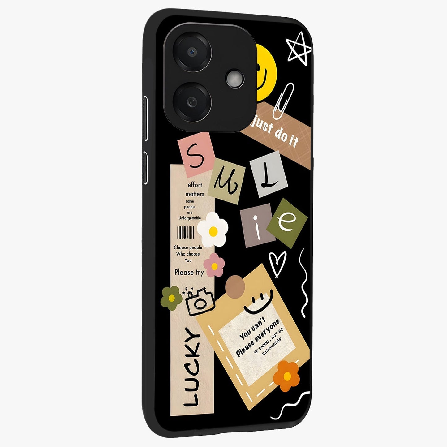 Lucky Aesthetic Collage Glass Case upright view showcasing vibrant collage artwork with youthful aesthetic theme.