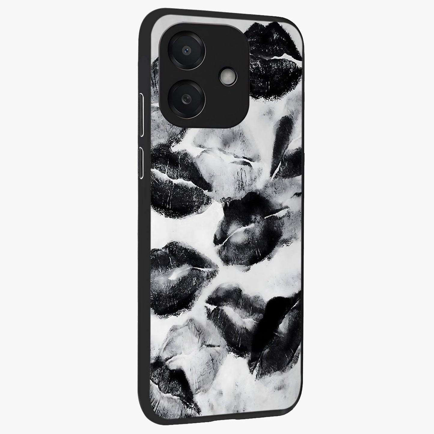 Midnight Kiss Marks Glass Case upright view showcasing stylish kiss mark artwork with trendy romantic theme.