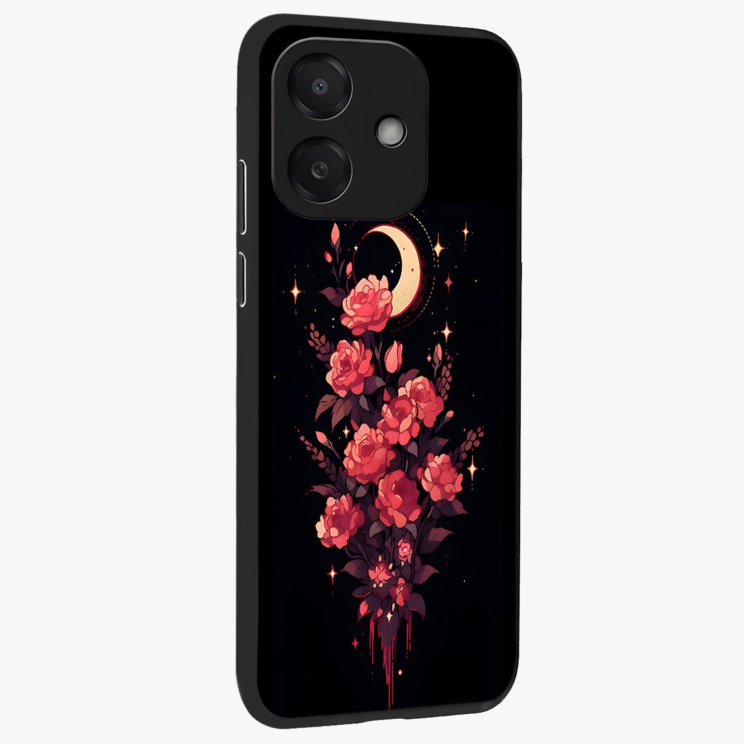 Moonlit Floral Elegance Glass Case upright view showcasing delicate floral artwork with refined night inspired theme.