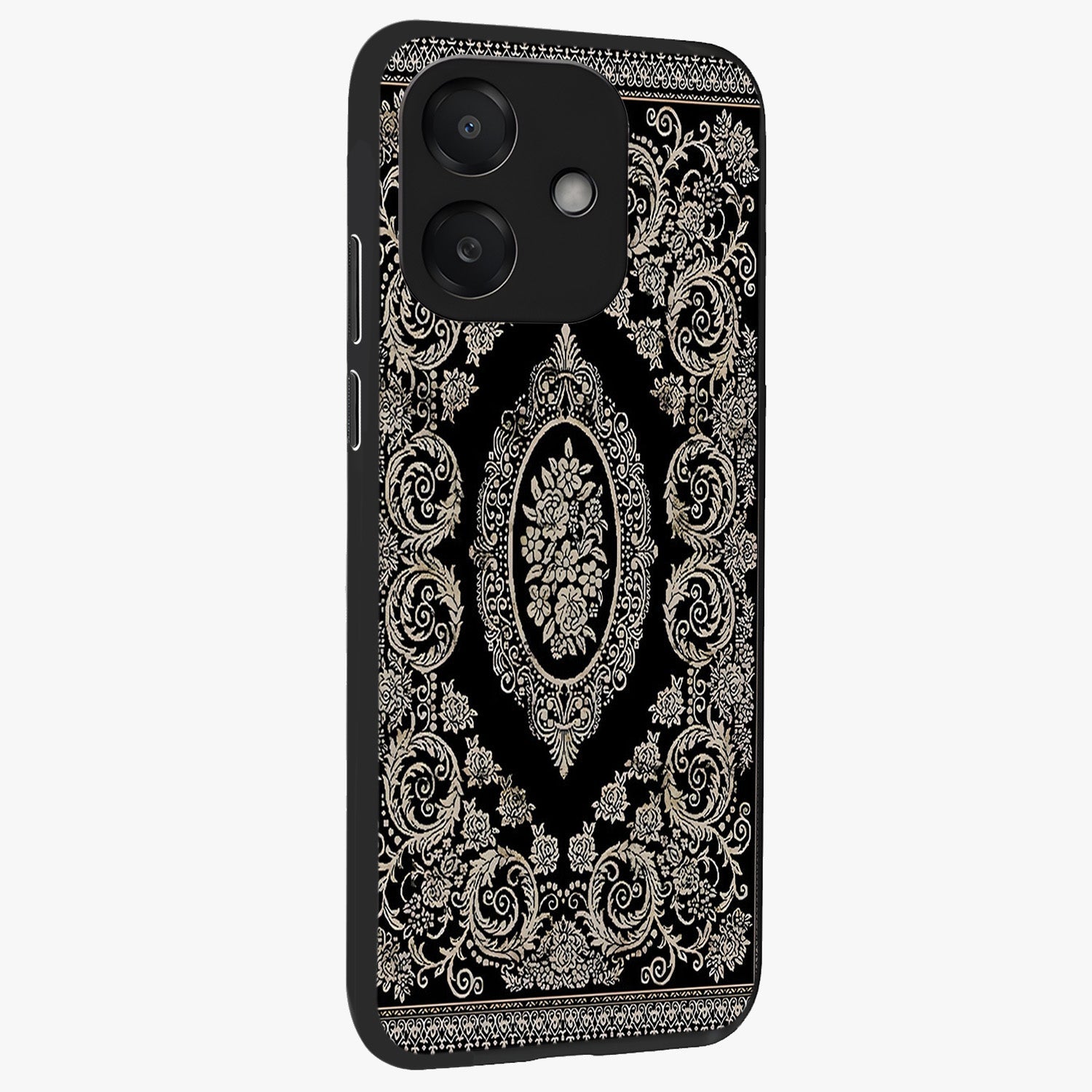 Noir Bloom Elegance Glass Case upright view showcasing graceful floral artwork with luxurious dark theme.