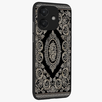 Noir Bloom Elegance Glass Case upright view showcasing graceful floral artwork with luxurious dark theme.