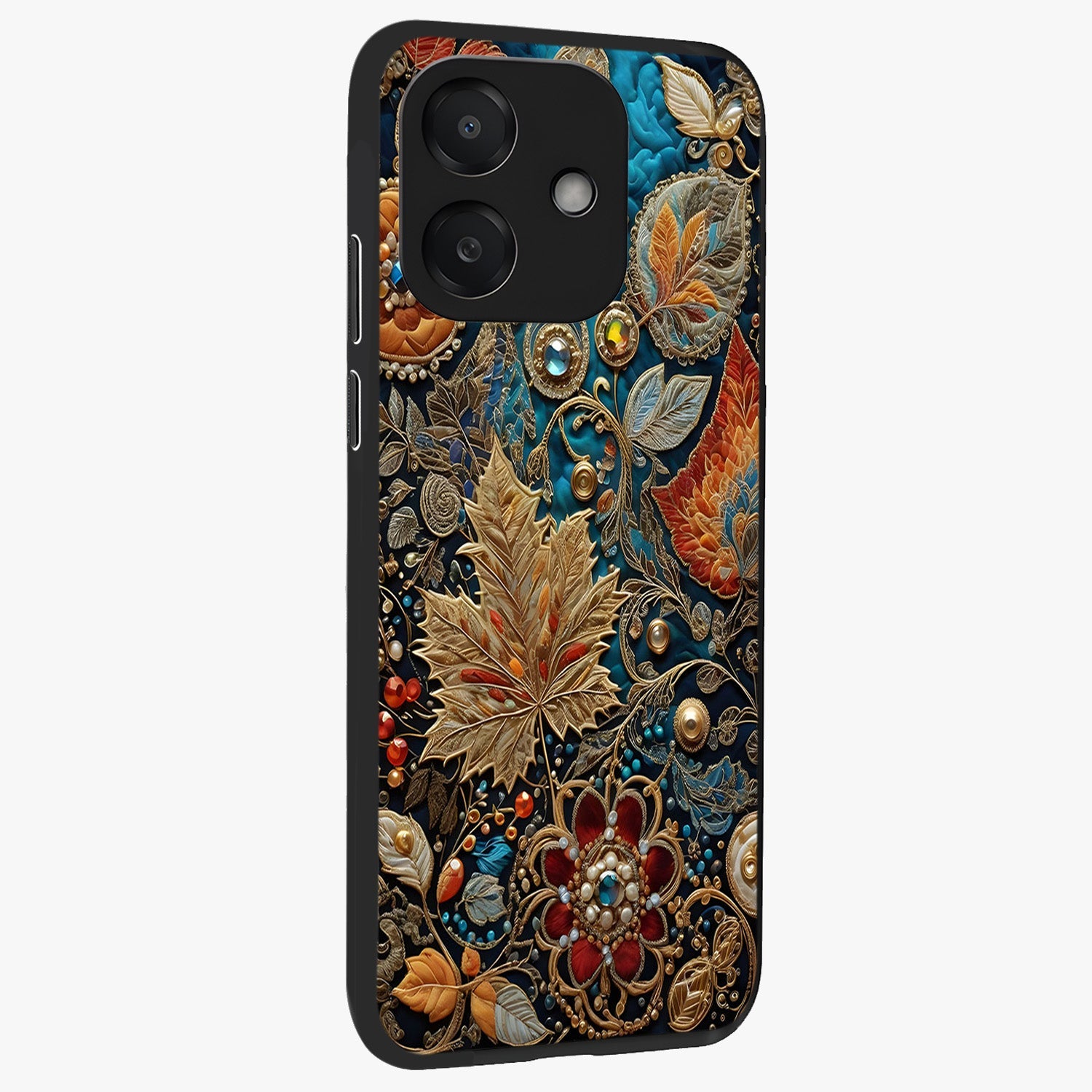Royal Jewel Garden Glass Case upright view showcasing rich floral artwork with luxurious garden theme.
