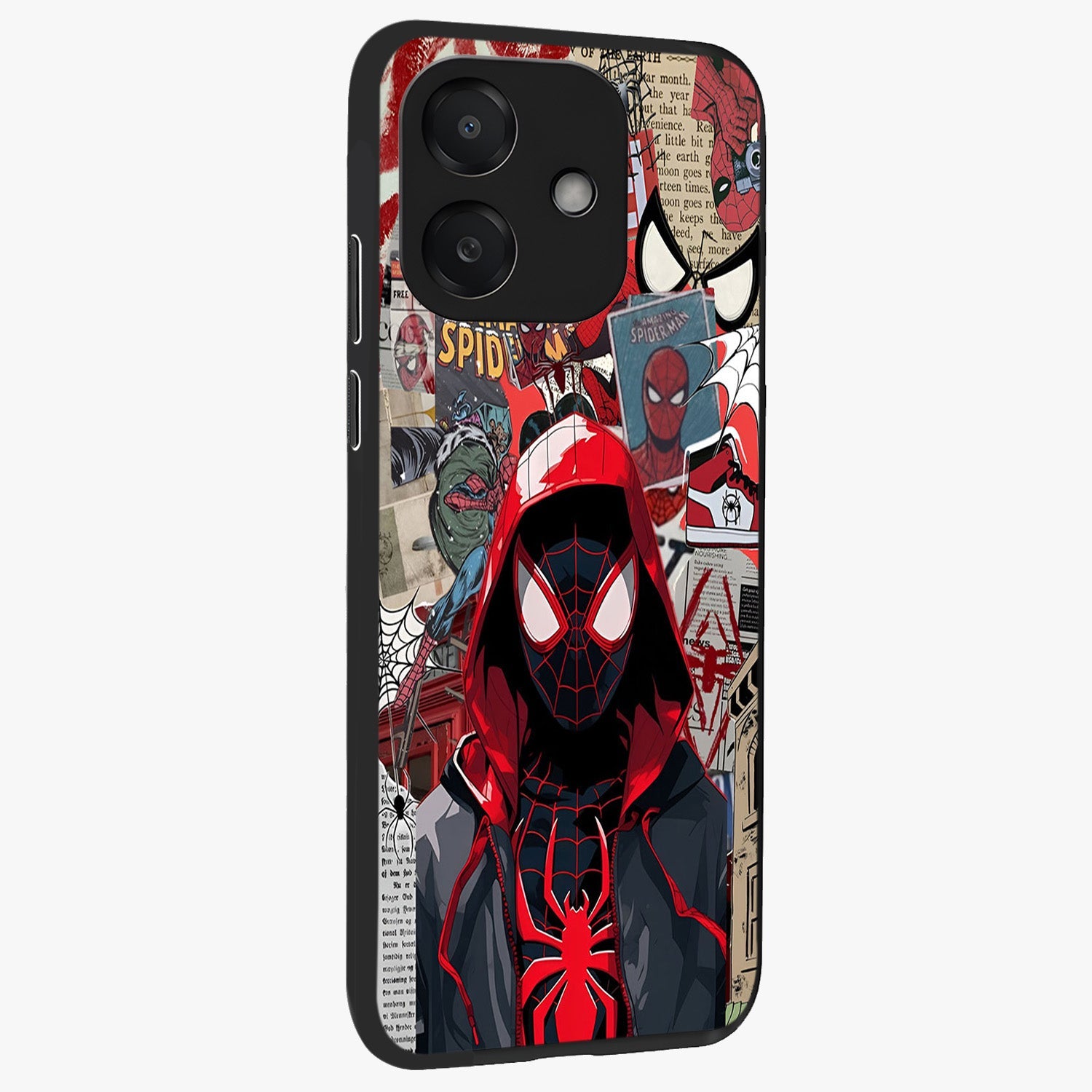 Spider Collage Street Glass Case upright view showcasing bold superhero artwork with urban street theme.