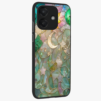 Stained Sunrise Glow Glass Case upright view showcasing colorful sunrise artwork with warm morning theme.