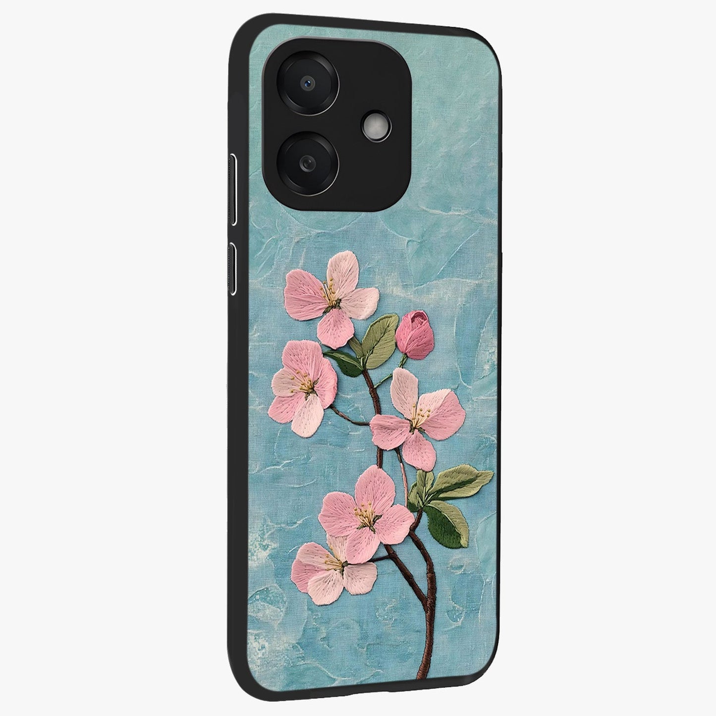Threaded Blossom Breeze Glass Case upright view showcasing graceful flower artwork with calm botanical theme.