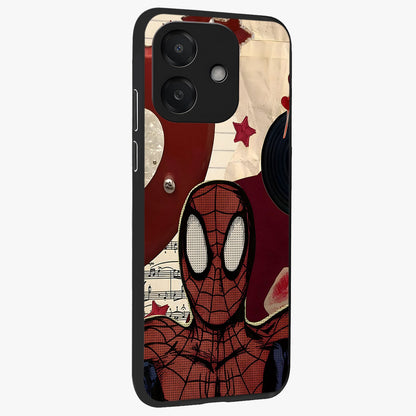 Web Warrior Vibes Glass Case upright view showcasing energetic superhero artwork with bold action theme.