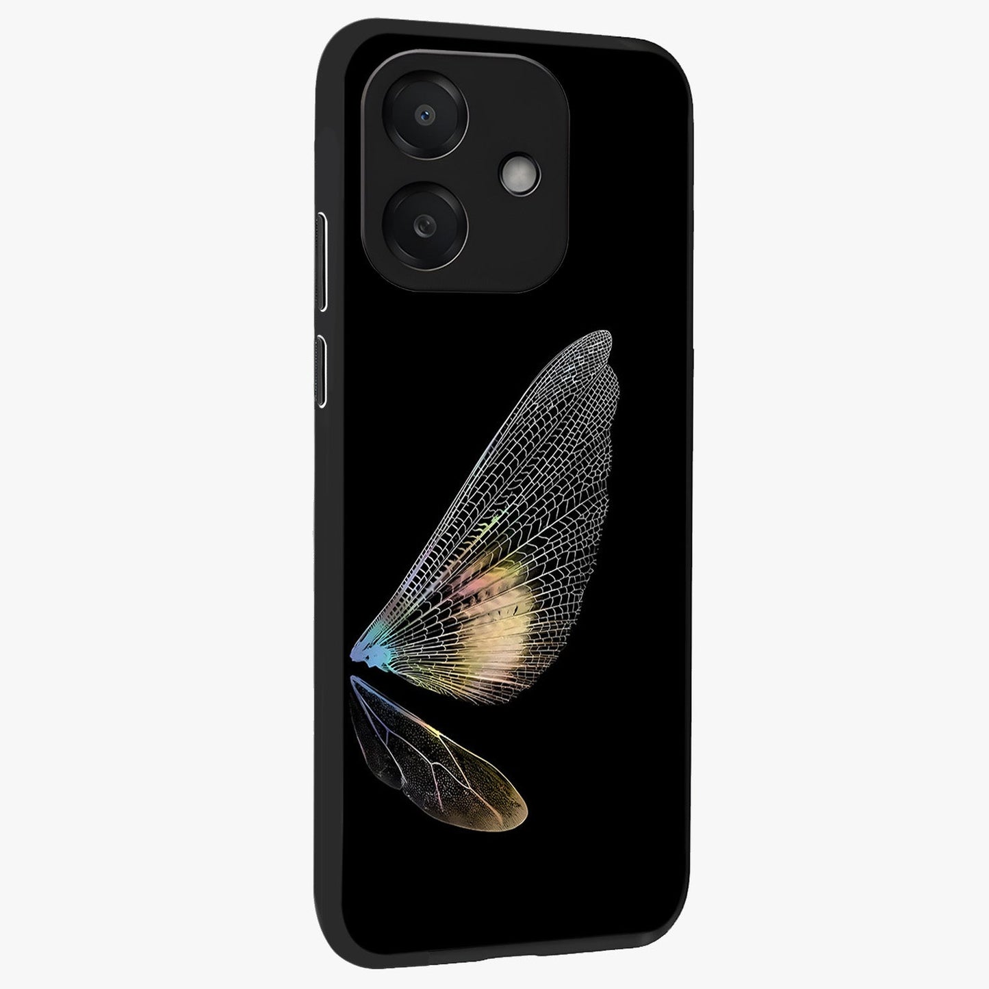 Whispers Of Wings Glass Case upright view showcasing elegant wing artwork with light airy theme.
