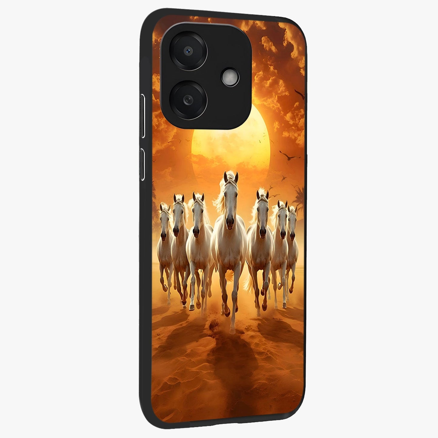 Wild Sunset Majesty Glass Case upright view showcasing dramatic sunset artwork with bold nature theme.