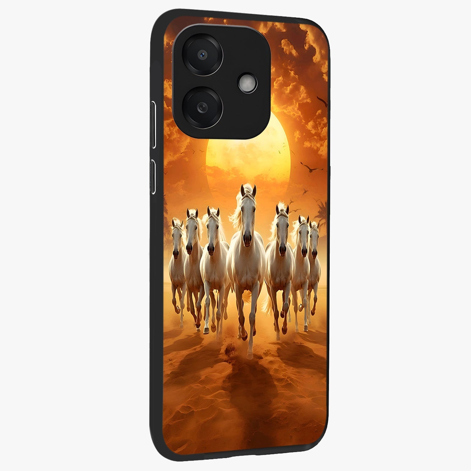 Wild Sunset Majesty Glass Case upright view showcasing dramatic sunset artwork with bold nature theme.