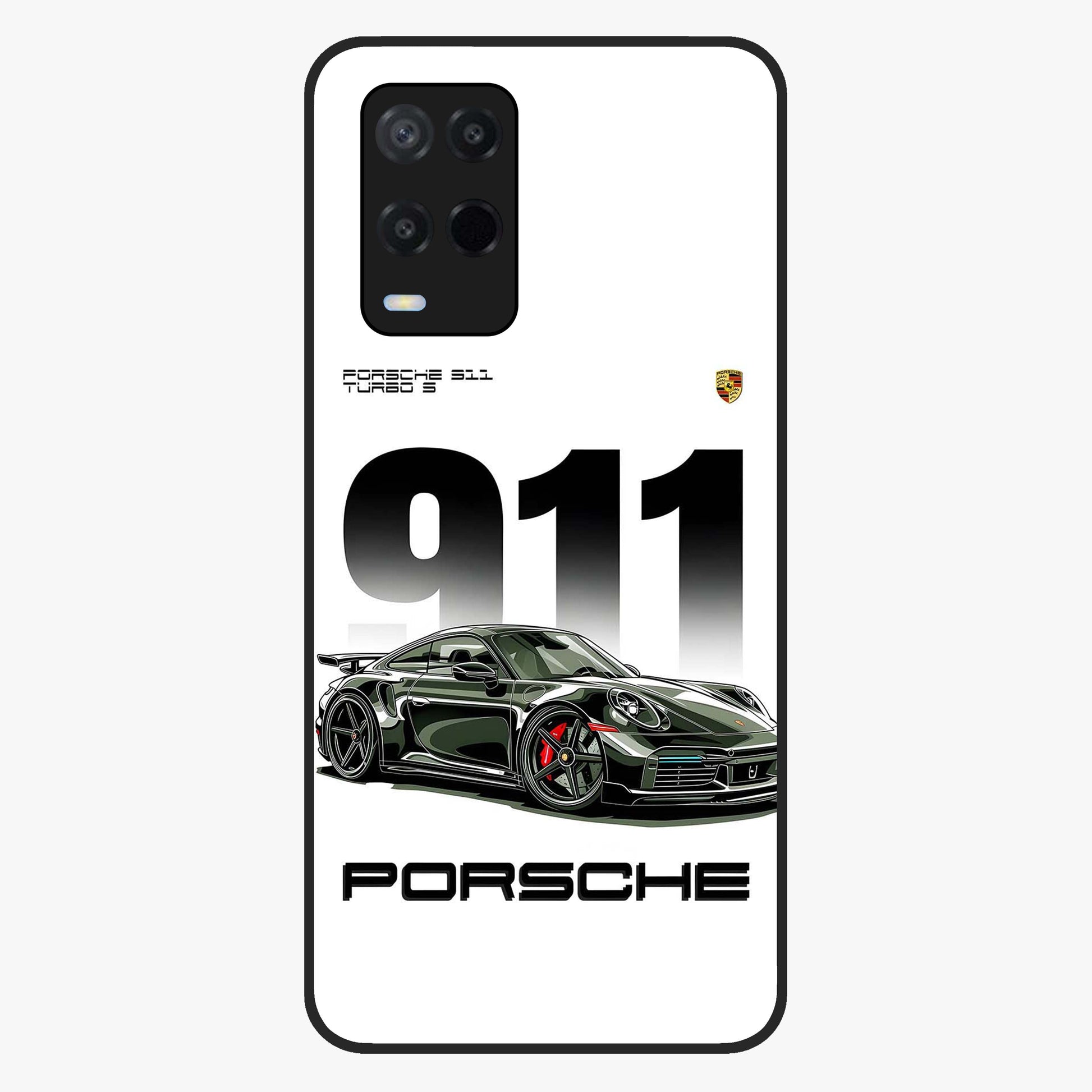 911 Turbo Dominance Glass Case showing clean flat back view with bold 911 sports car artwork and glossy glass finish.