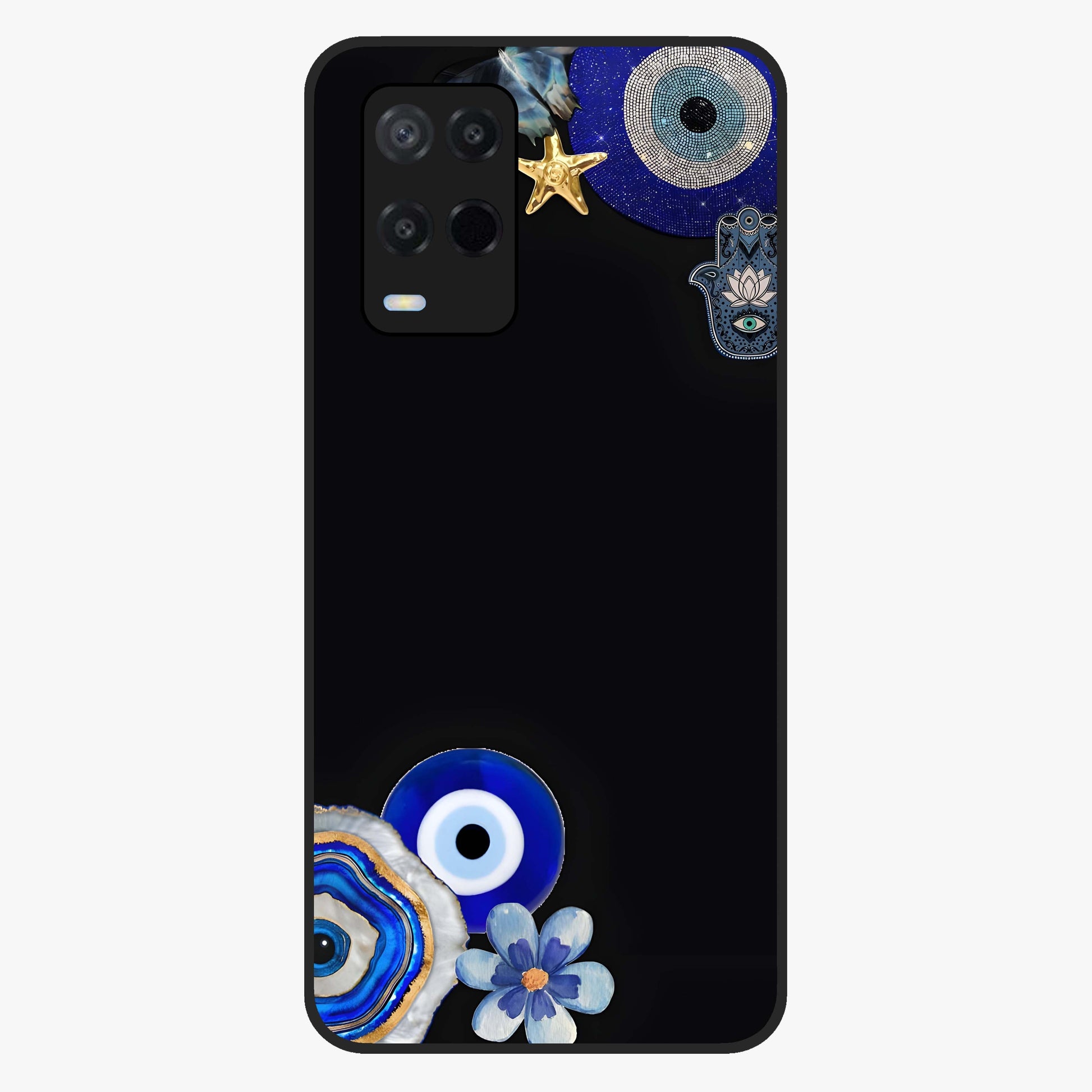 Aesthetic Blue Evil Eye Glass Case showing flat back view with protective evil eye artwork and glossy glass finish.