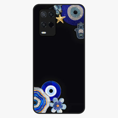 Aesthetic Blue Evil Eye Glass Case showing flat back view with protective evil eye artwork and glossy glass finish.