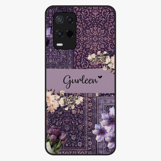 Antique Floral Whisper Custom Name Glass Case showing flat back view with vintage floral artwork and personalized name design.