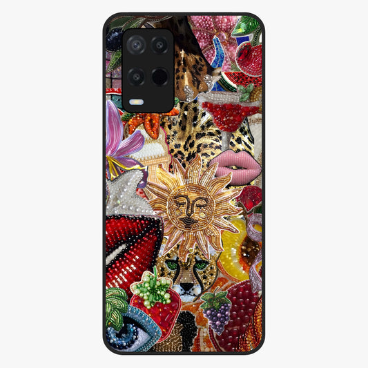 Beaded Fashion Jungle Glass Case showing flat back view with vibrant jungle inspired bead artwork and glossy glass finish.
